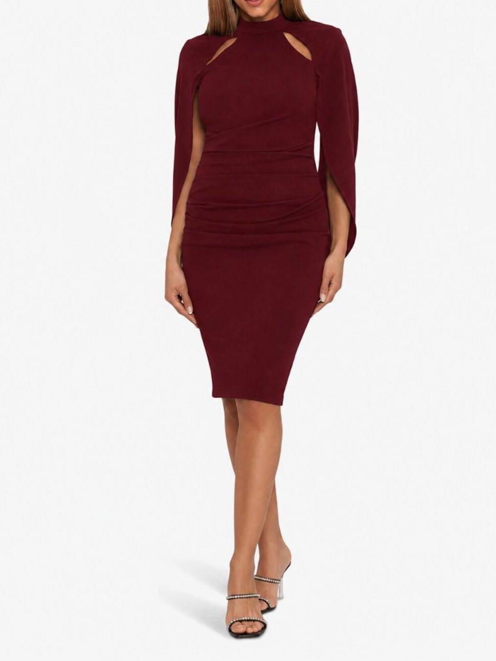 Women's Raspberry Red Long-Sleeve Draped Cutout Dress